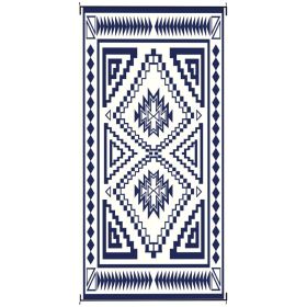 Reversible Outdoor Rug, Waterproof Plastic Straw With Carry Bag, 9 X 18, Blue & White Square Patchwork