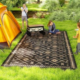 Reversible Outdoor Rug, Waterproof Plastic Straw With Carry Bag, 9 X 18, Black & Brown Rhombus